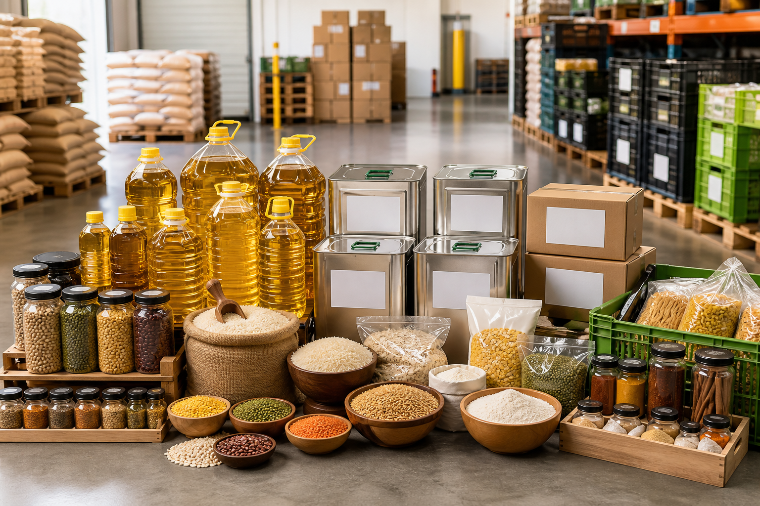 Edible oil, grains, pulses, and food ingredients prepared for wholesale supply